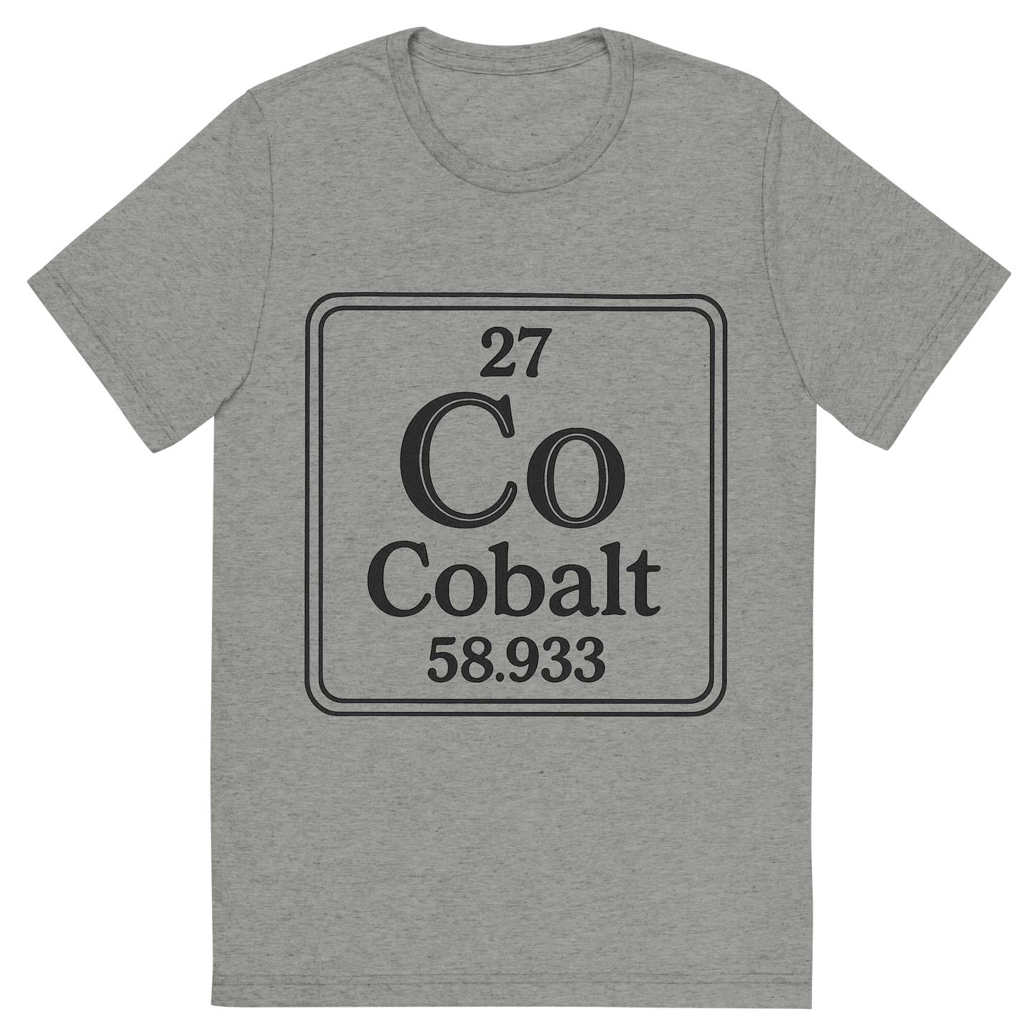 Front view of a Premium Tri-Blend Crew Neck T-Shirt in Athletic Grey showing 'A line art, nostalgic graphic of cobalt's entry on the periodic table, use a dark color for the lines and text'