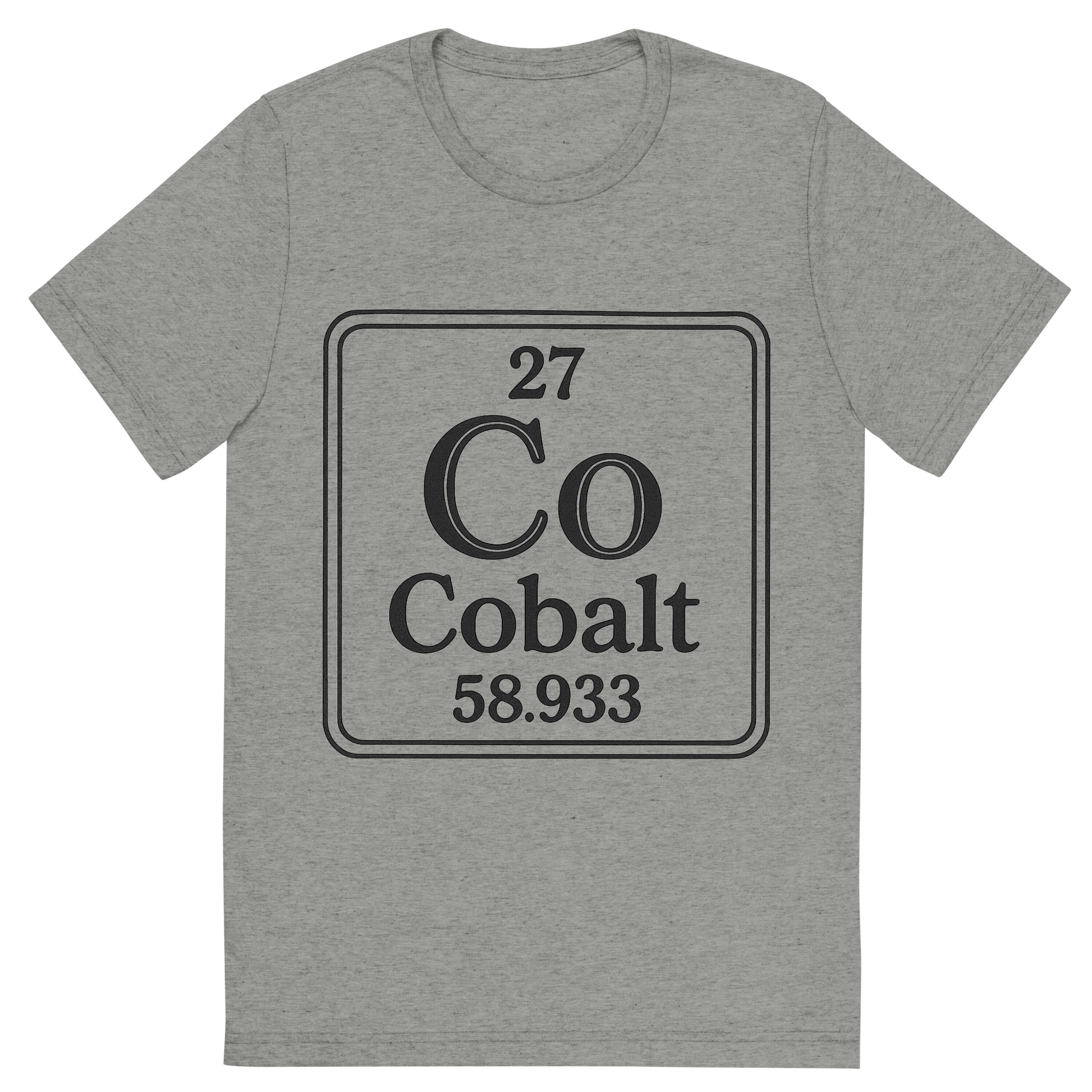 Front view of a Premium Tri-Blend Crew Neck T-Shirt in Athletic Grey showing 'A line art, nostalgic graphic of cobalt's entry on the periodic table, use a dark color for the lines and text'
