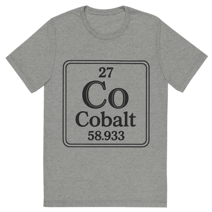 Front view of a Premium Tri-Blend Crew Neck T-Shirt in Athletic Grey showing 'A line art, nostalgic graphic of cobalt's entry on the periodic table, use a dark color for the lines and text'