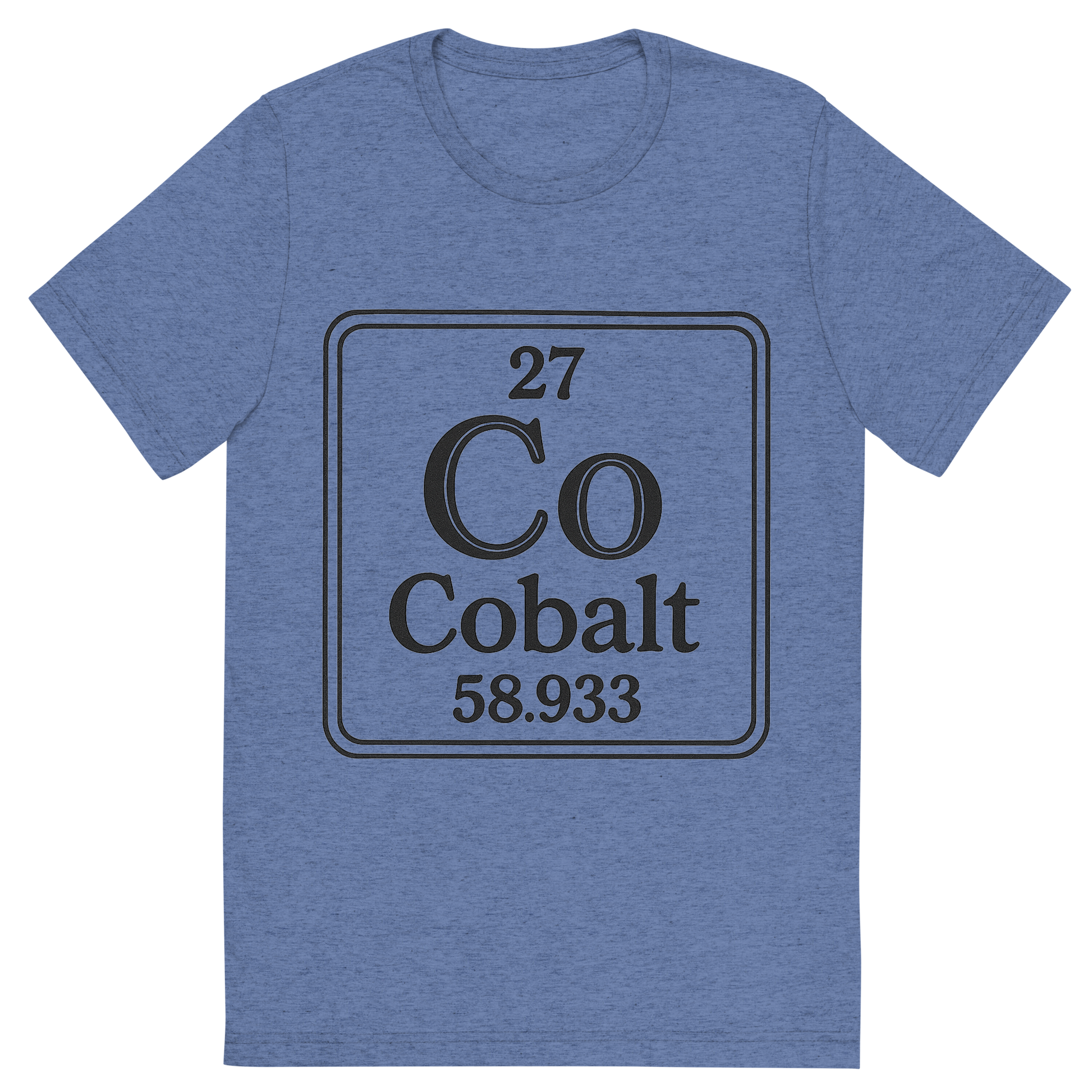 Front view of a Premium Tri-Blend Crew Neck T-Shirt in Blue showing 'A line art, nostalgic graphic of cobalt's entry on the periodic table, use a dark color for the lines and text'