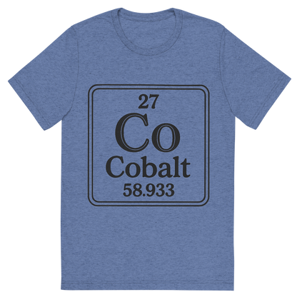 Front view of a Premium Tri-Blend Crew Neck T-Shirt in Blue showing 'A line art, nostalgic graphic of cobalt's entry on the periodic table, use a dark color for the lines and text'