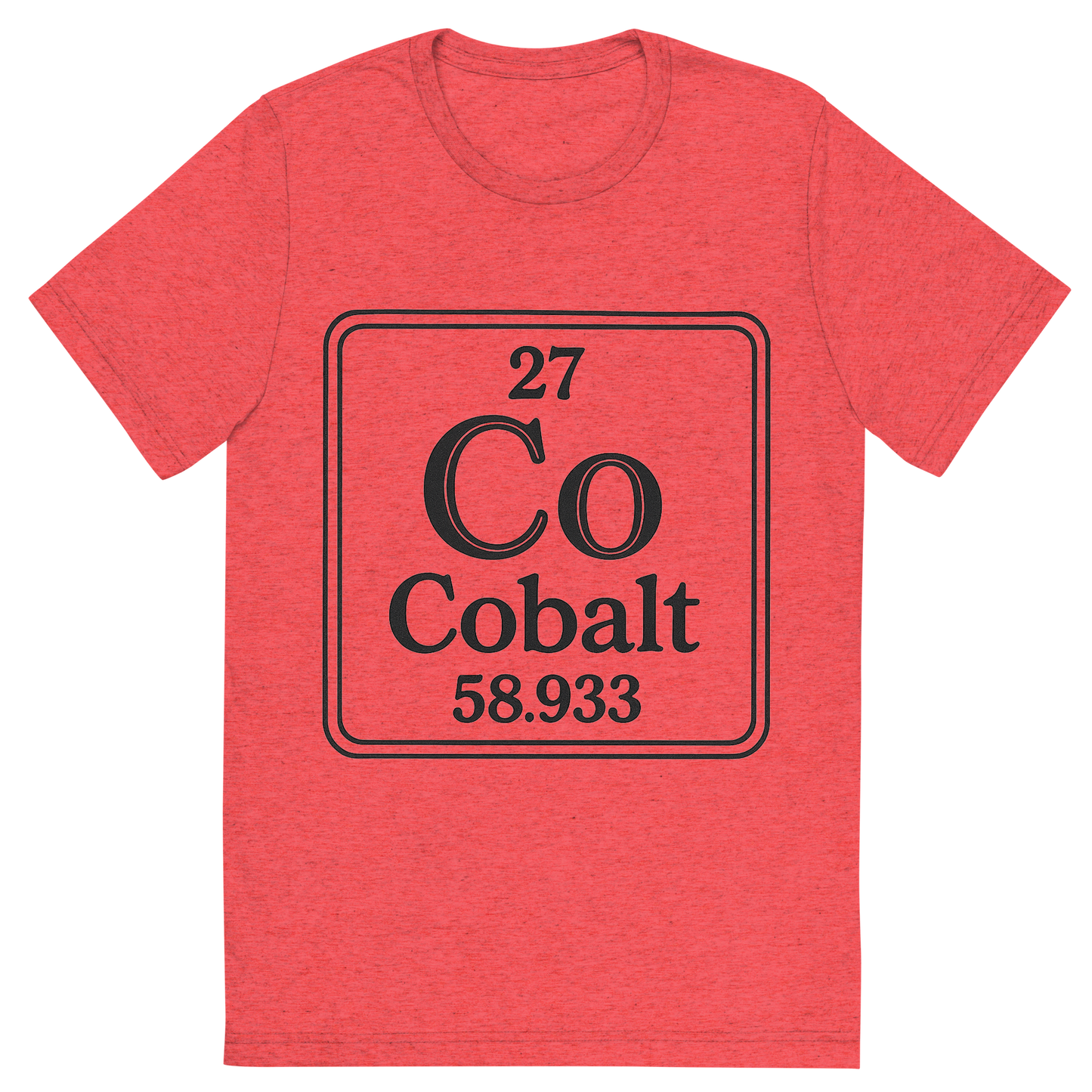 Front view of a Premium Tri-Blend Crew Neck T-Shirt in Red showing 'A line art, nostalgic graphic of cobalt's entry on the periodic table, use a dark color for the lines and text'