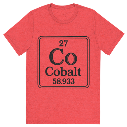 Front view of a Premium Tri-Blend Crew Neck T-Shirt in Red showing 'A line art, nostalgic graphic of cobalt's entry on the periodic table, use a dark color for the lines and text'