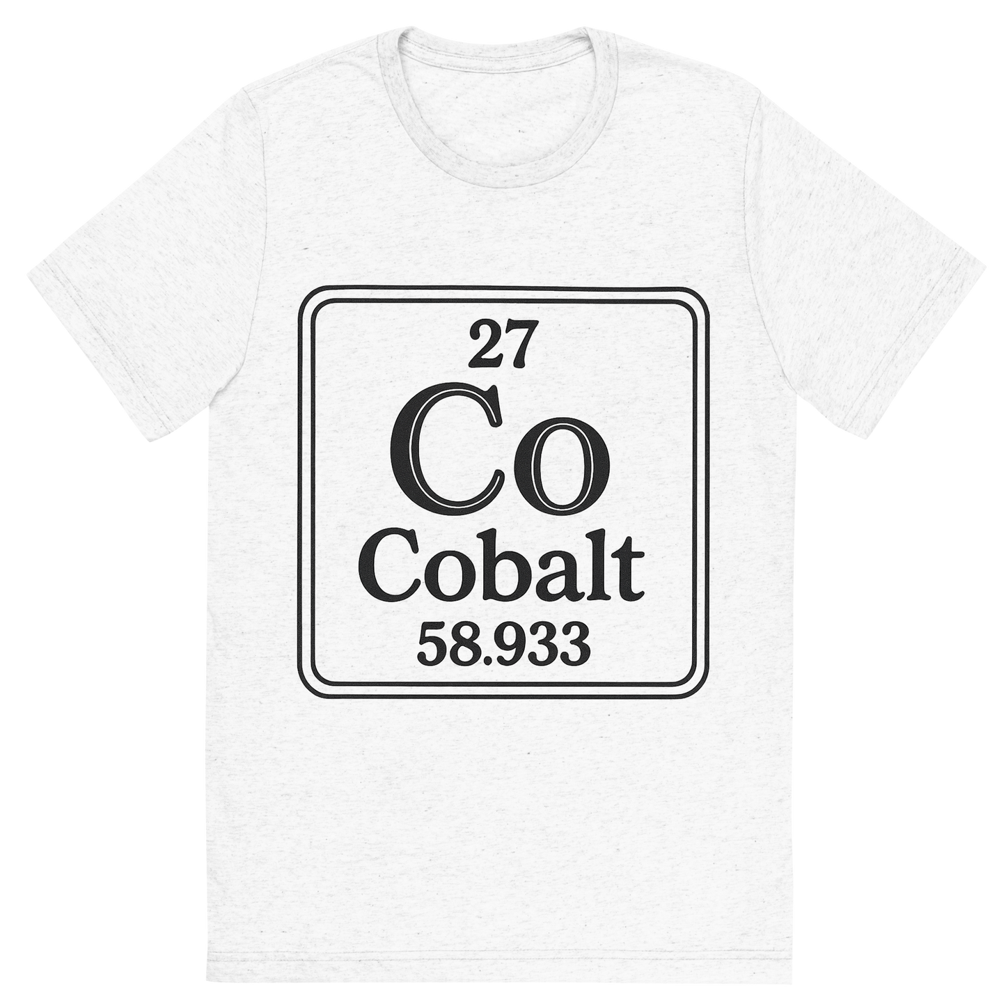Front view of a Premium Tri-Blend Crew Neck T-Shirt in Solid White showing 'A line art, nostalgic graphic of cobalt's entry on the periodic table, use a dark color for the lines and text'