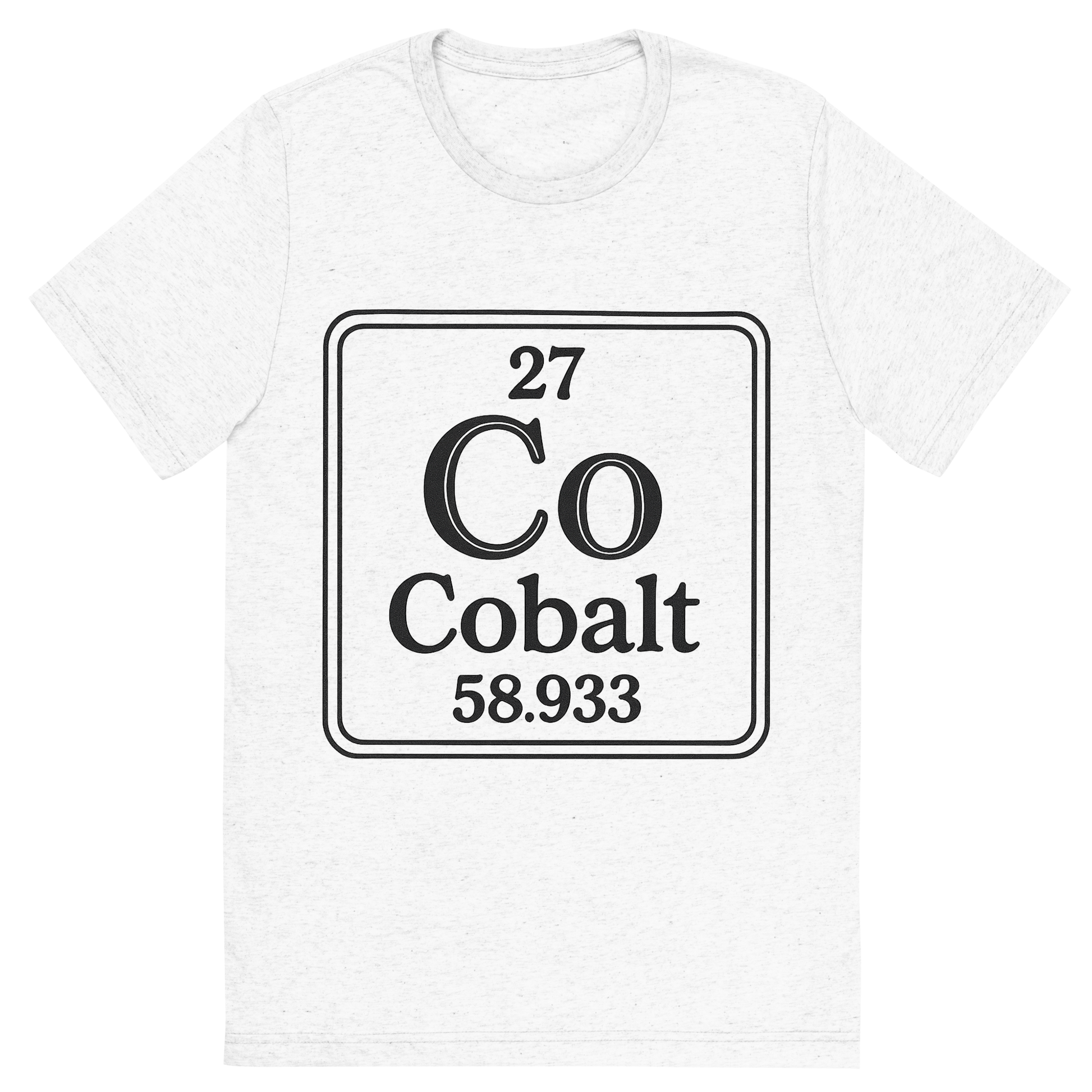 Front view of a Premium Tri-Blend Crew Neck T-Shirt in Solid White showing 'A line art, nostalgic graphic of cobalt's entry on the periodic table, use a dark color for the lines and text'