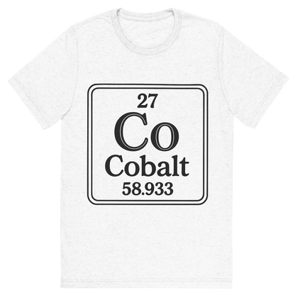 Front view of a Premium Tri-Blend Crew Neck T-Shirt in Solid White showing 'A line art, nostalgic graphic of cobalt's entry on the periodic table, use a dark color for the lines and text'