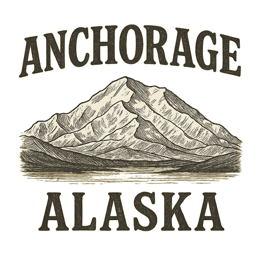 A typographic, nostalgic graphic of a typographic illustration of the words 'anchorage, alaska' with a vintage line art drawing of denali – a t-shirt design