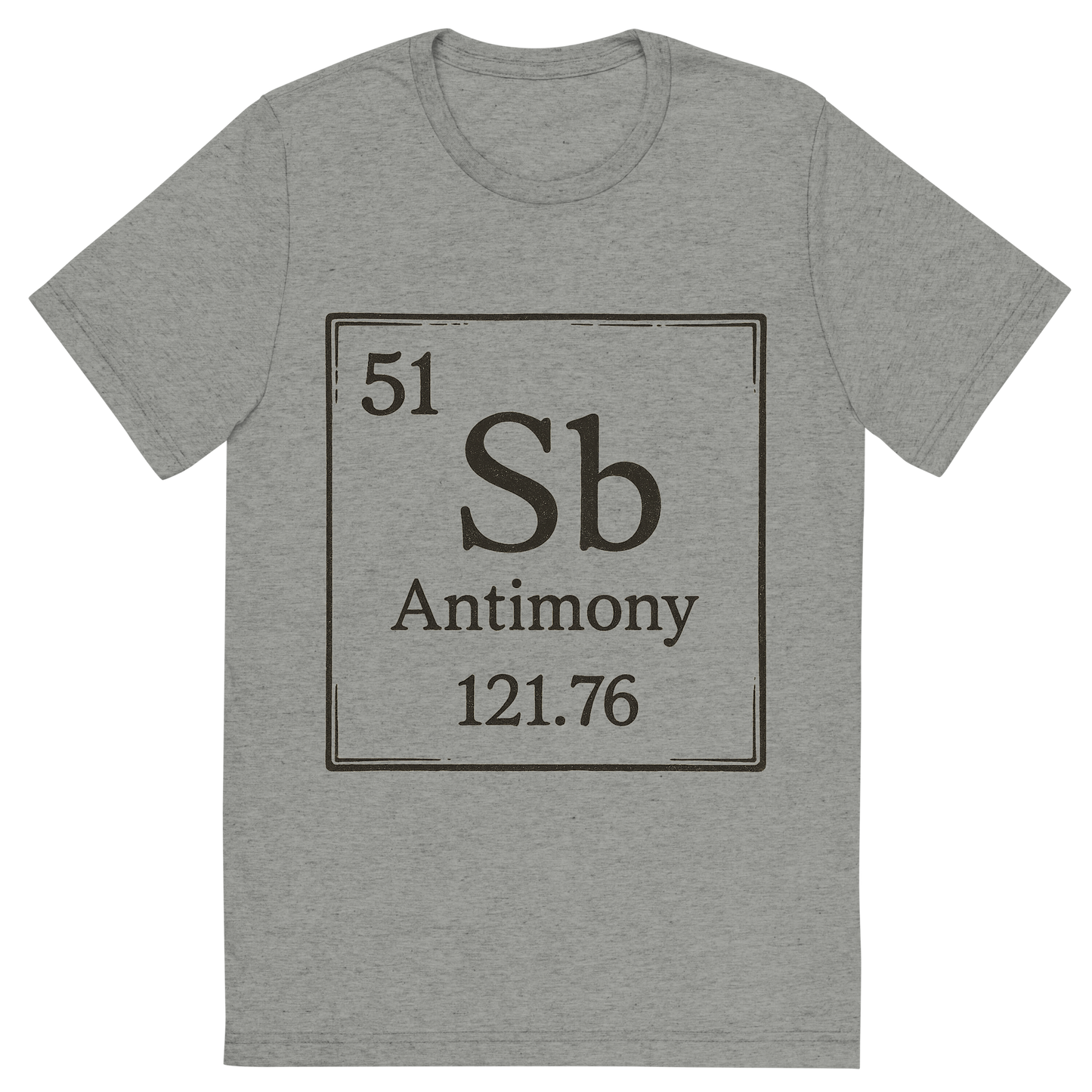 Front view of a Premium Tri-Blend Crew Neck T-Shirt in Athletic Grey showing 'A line art, nostalgic graphic of antimony's entry on the periodic table, use a dark color for the lines and text'