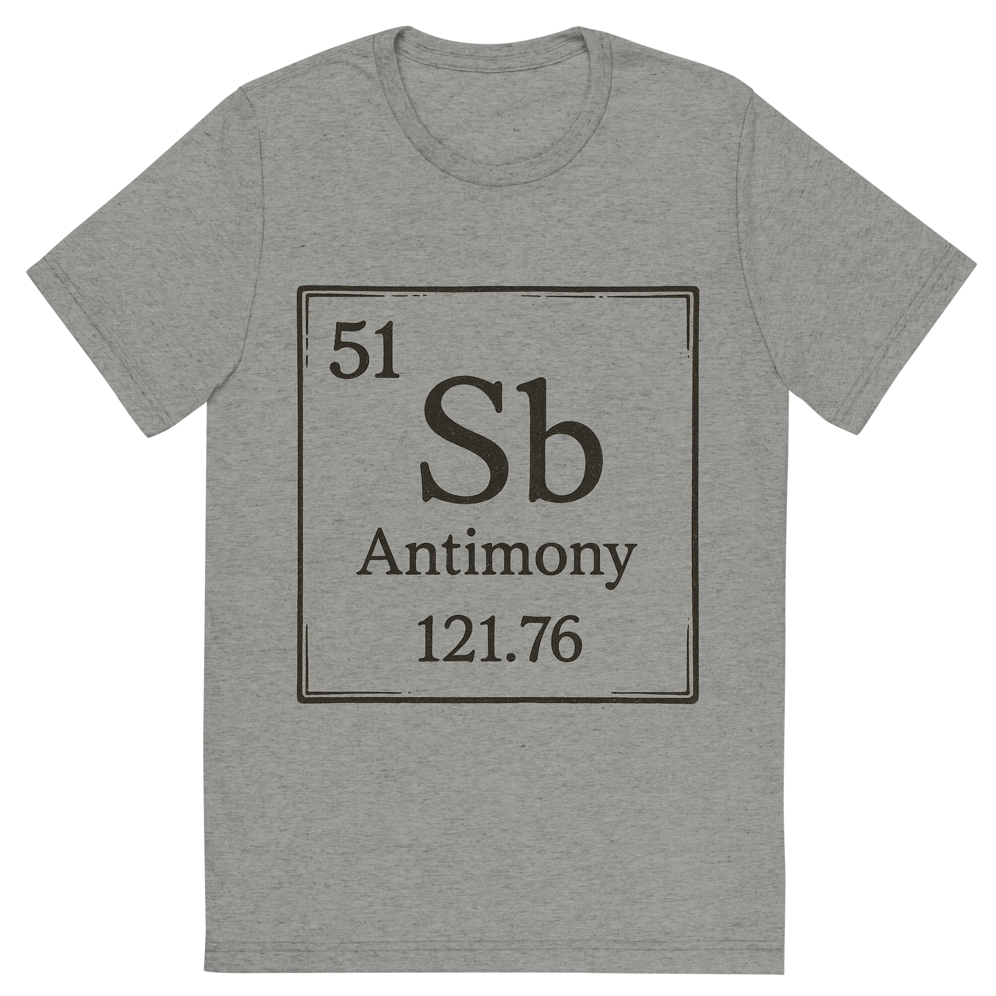 Front view of a Premium Tri-Blend Crew Neck T-Shirt in Athletic Grey showing 'A line art, nostalgic graphic of antimony's entry on the periodic table, use a dark color for the lines and text'