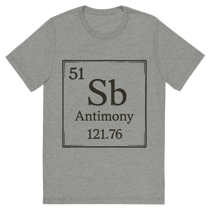Front view of a Premium Tri-Blend Crew Neck T-Shirt in Athletic Grey showing 'A line art, nostalgic graphic of antimony's entry on the periodic table, use a dark color for the lines and text'