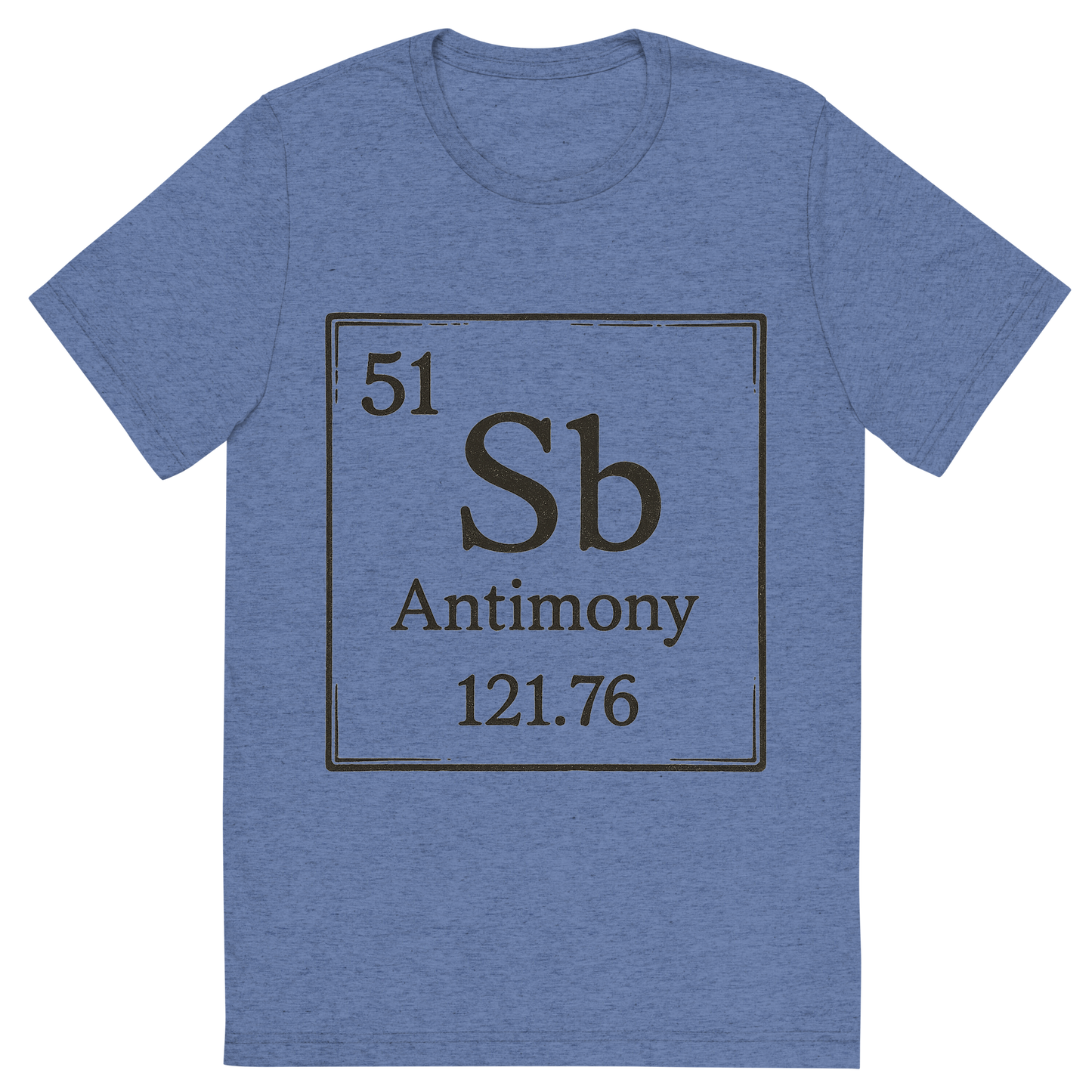 Front view of a Premium Tri-Blend Crew Neck T-Shirt in Blue showing 'A line art, nostalgic graphic of antimony's entry on the periodic table, use a dark color for the lines and text'