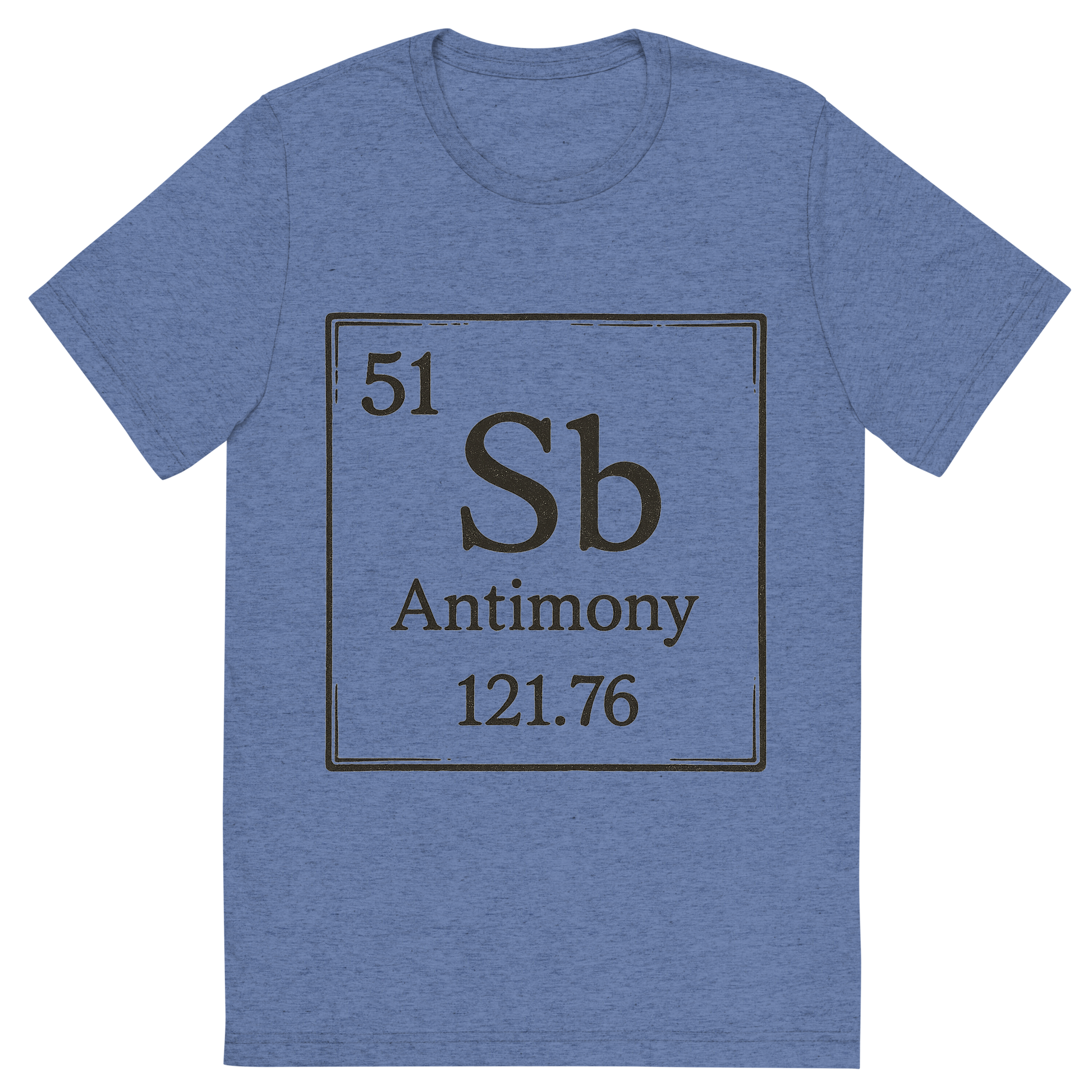 Front view of a Premium Tri-Blend Crew Neck T-Shirt in Blue showing 'A line art, nostalgic graphic of antimony's entry on the periodic table, use a dark color for the lines and text'