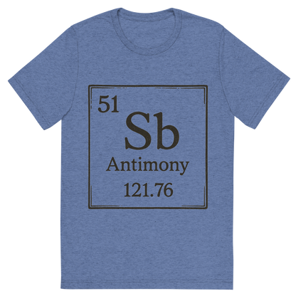 Front view of a Premium Tri-Blend Crew Neck T-Shirt in Blue showing 'A line art, nostalgic graphic of antimony's entry on the periodic table, use a dark color for the lines and text'