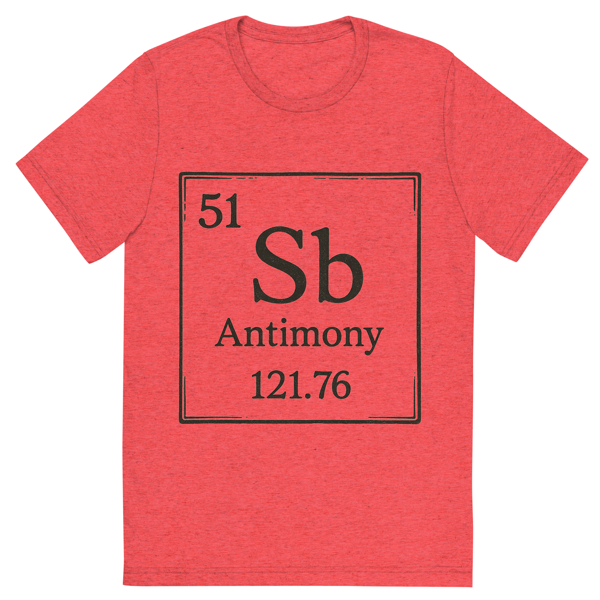 Front view of a Premium Tri-Blend Crew Neck T-Shirt in Red showing 'A line art, nostalgic graphic of antimony's entry on the periodic table, use a dark color for the lines and text'