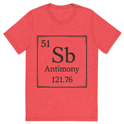 Front view of a Premium Tri-Blend Crew Neck T-Shirt in Red showing 'A line art, nostalgic graphic of antimony's entry on the periodic table, use a dark color for the lines and text'
