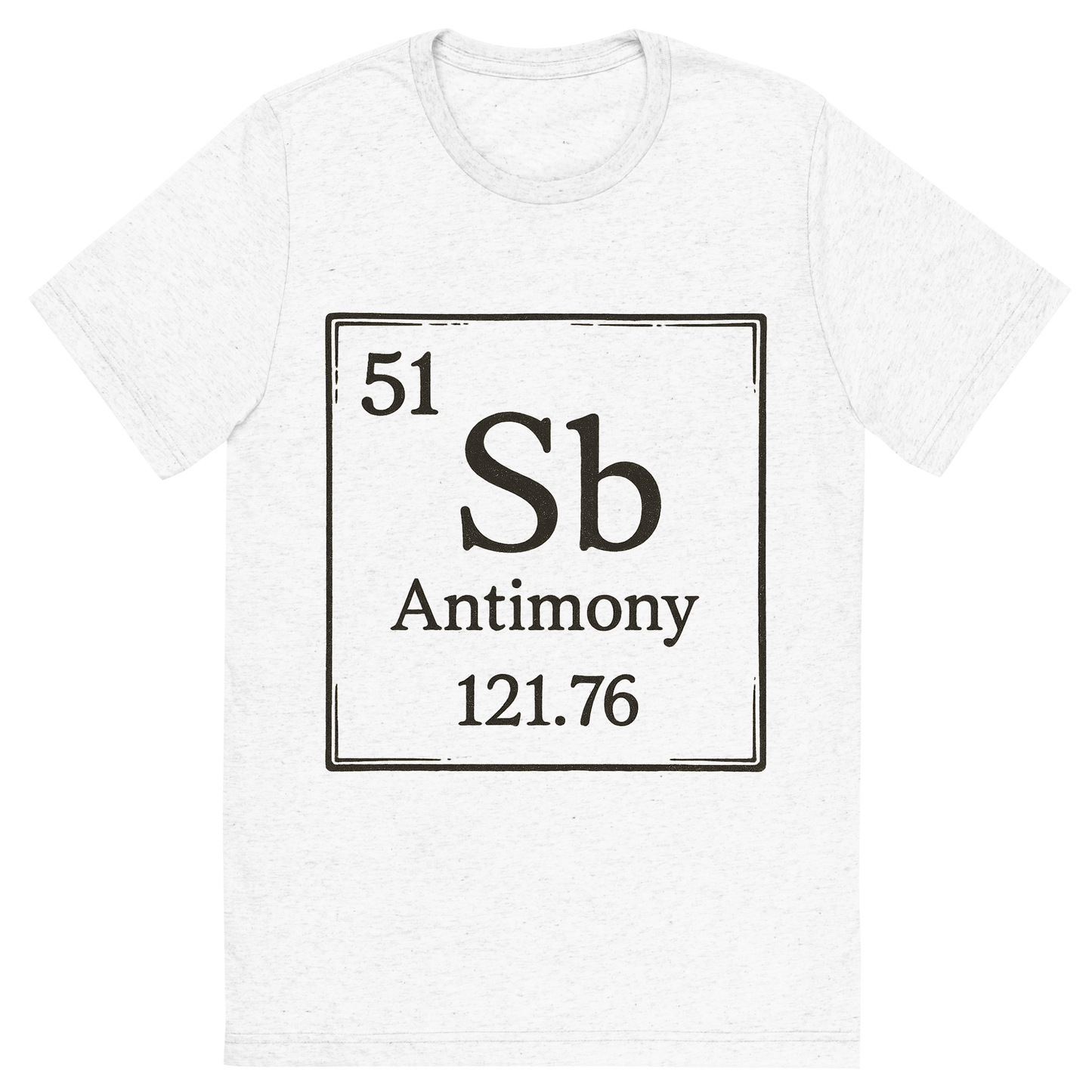 Front view of a Premium Tri-Blend Crew Neck T-Shirt in Solid White showing 'A line art, nostalgic graphic of antimony's entry on the periodic table, use a dark color for the lines and text'