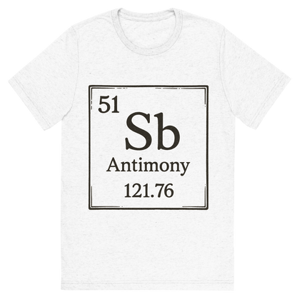 Front view of a Premium Tri-Blend Crew Neck T-Shirt in Solid White showing 'A line art, nostalgic graphic of antimony's entry on the periodic table, use a dark color for the lines and text'