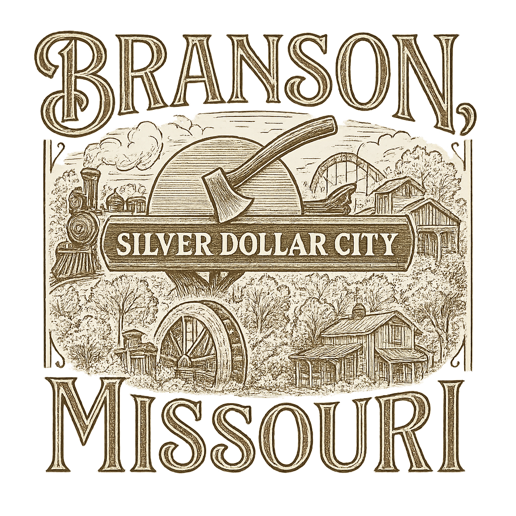 A typographic, nostalgic graphic of a typographic illustration of the words 'branson, missouri' with a vintage line art drawing of the silver dollar city – a t-shirt design