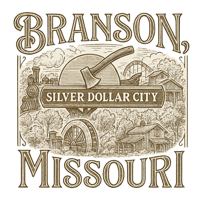 A typographic, nostalgic graphic of a typographic illustration of the words 'branson, missouri' with a vintage line art drawing of the silver dollar city – a t-shirt design