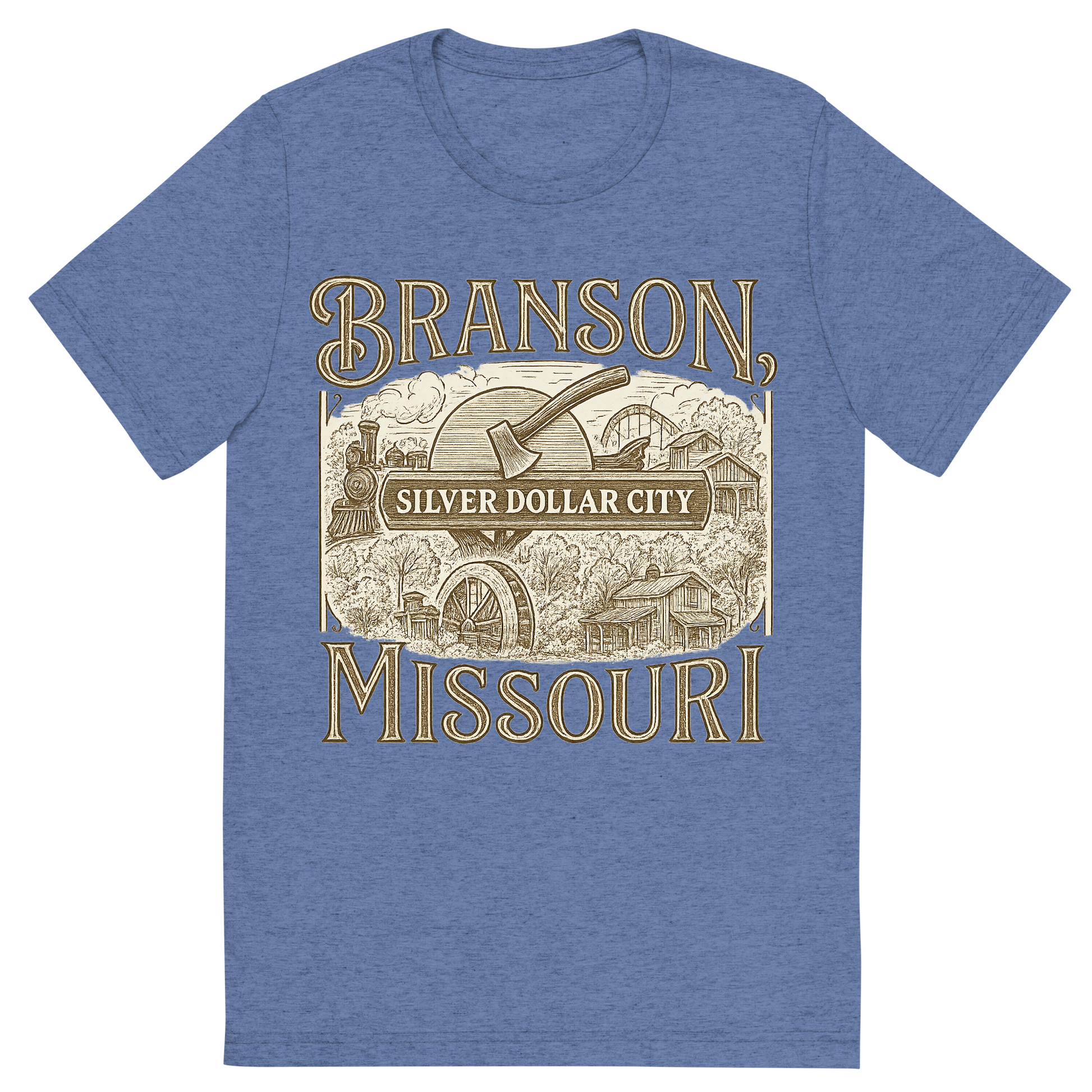 Front view of a Premium Tri-Blend Crew Neck T-Shirt in Blue showing 'A typographic, nostalgic graphic of a typographic illustration of the words 'branson, missouri' with a vintage line art drawing of the silver dollar city'