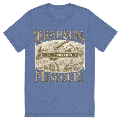 Front view of a Premium Tri-Blend Crew Neck T-Shirt in Blue showing 'A typographic, nostalgic graphic of a typographic illustration of the words 'branson, missouri' with a vintage line art drawing of the silver dollar city'