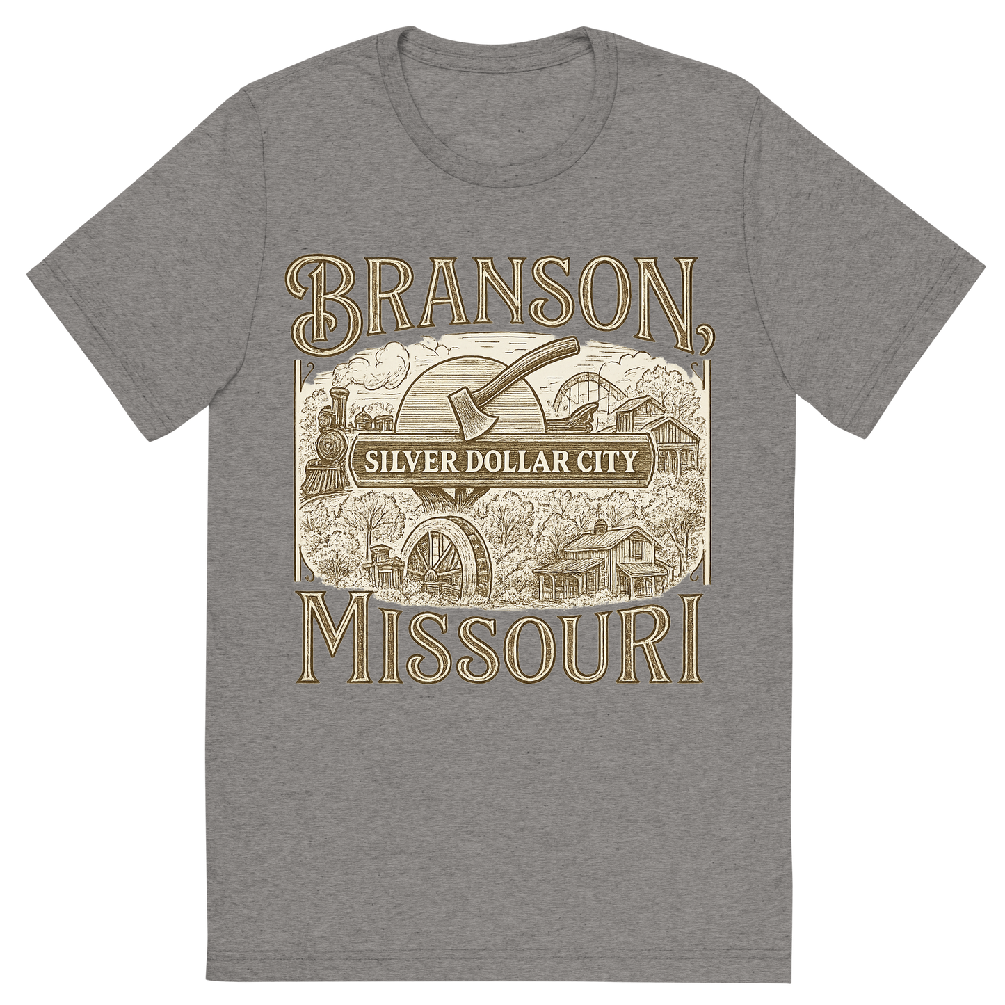 Front view of a Premium Tri-Blend Crew Neck T-Shirt in Grey showing 'A typographic, nostalgic graphic of a typographic illustration of the words 'branson, missouri' with a vintage line art drawing of the silver dollar city'