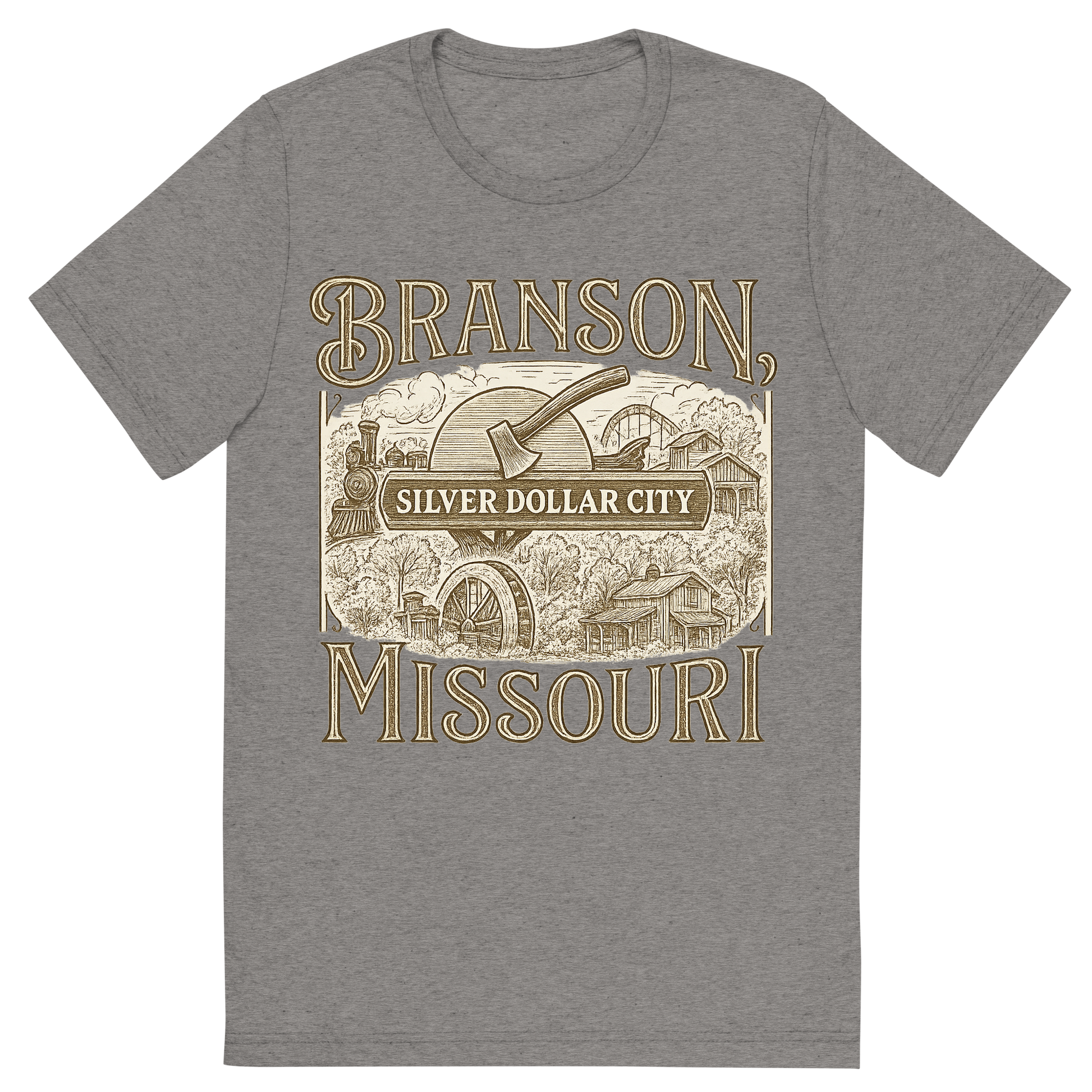 Front view of a Premium Tri-Blend Crew Neck T-Shirt in Grey showing 'A typographic, nostalgic graphic of a typographic illustration of the words 'branson, missouri' with a vintage line art drawing of the silver dollar city'