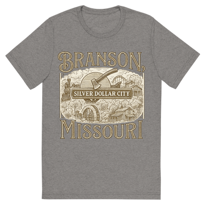 Front view of a Premium Tri-Blend Crew Neck T-Shirt in Grey showing 'A typographic, nostalgic graphic of a typographic illustration of the words 'branson, missouri' with a vintage line art drawing of the silver dollar city'