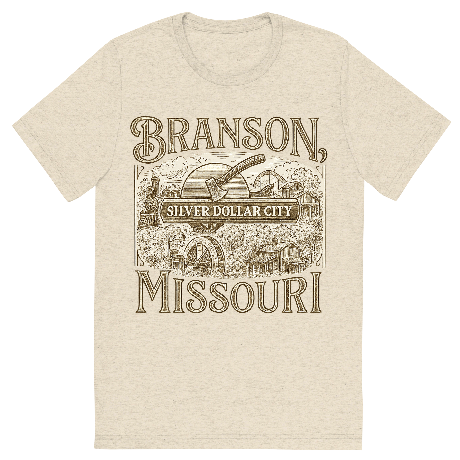 Front view of a Premium Tri-Blend Crew Neck T-Shirt in Oatmeal showing 'A typographic, nostalgic graphic of a typographic illustration of the words 'branson, missouri' with a vintage line art drawing of the silver dollar city'