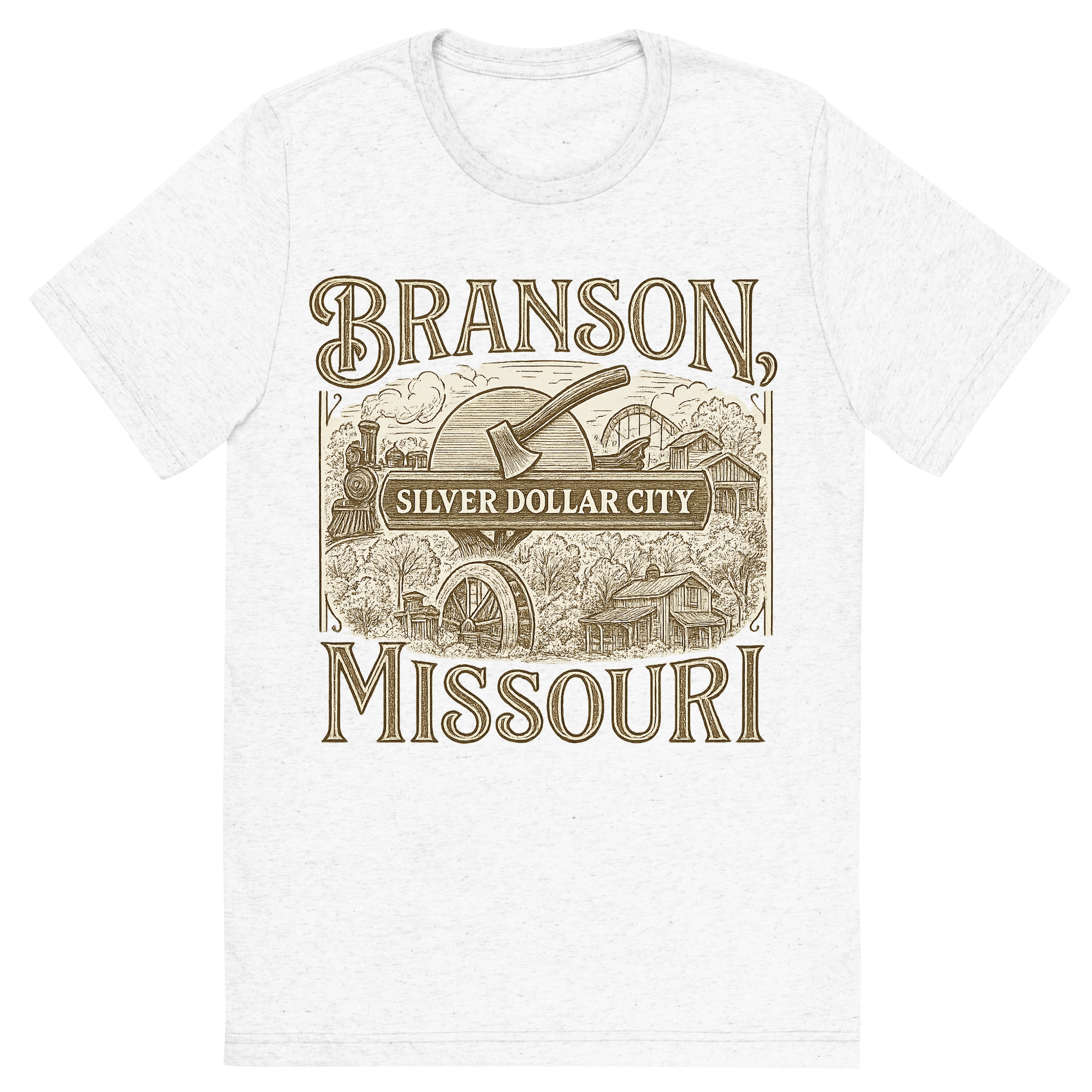 Front view of a Premium Tri-Blend Crew Neck T-Shirt in Solid White showing 'A typographic, nostalgic graphic of a typographic illustration of the words 'branson, missouri' with a vintage line art drawing of the silver dollar city'