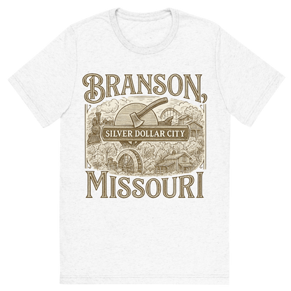 Front view of a Premium Tri-Blend Crew Neck T-Shirt in Solid White showing 'A typographic, nostalgic graphic of a typographic illustration of the words 'branson, missouri' with a vintage line art drawing of the silver dollar city'