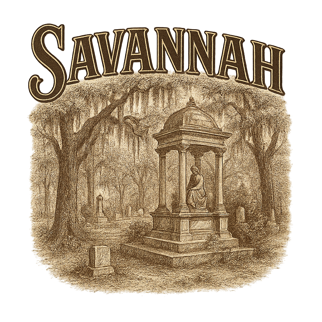 A typographic, nostalgic graphic of a typographic illustration of the words 'savannah' with a vintage line art drawing of the bonaventure cemetery – a t-shirt design