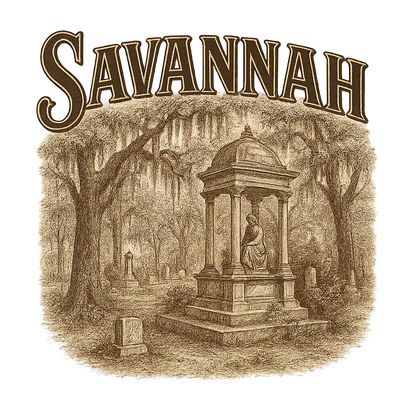 A typographic, nostalgic graphic of a typographic illustration of the words 'savannah' with a vintage line art drawing of the bonaventure cemetery – a t-shirt design