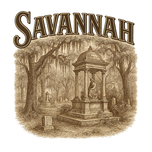 A typographic, nostalgic graphic of a typographic illustration of the words 'savannah' with a vintage line art drawing of the bonaventure cemetery – a t-shirt design