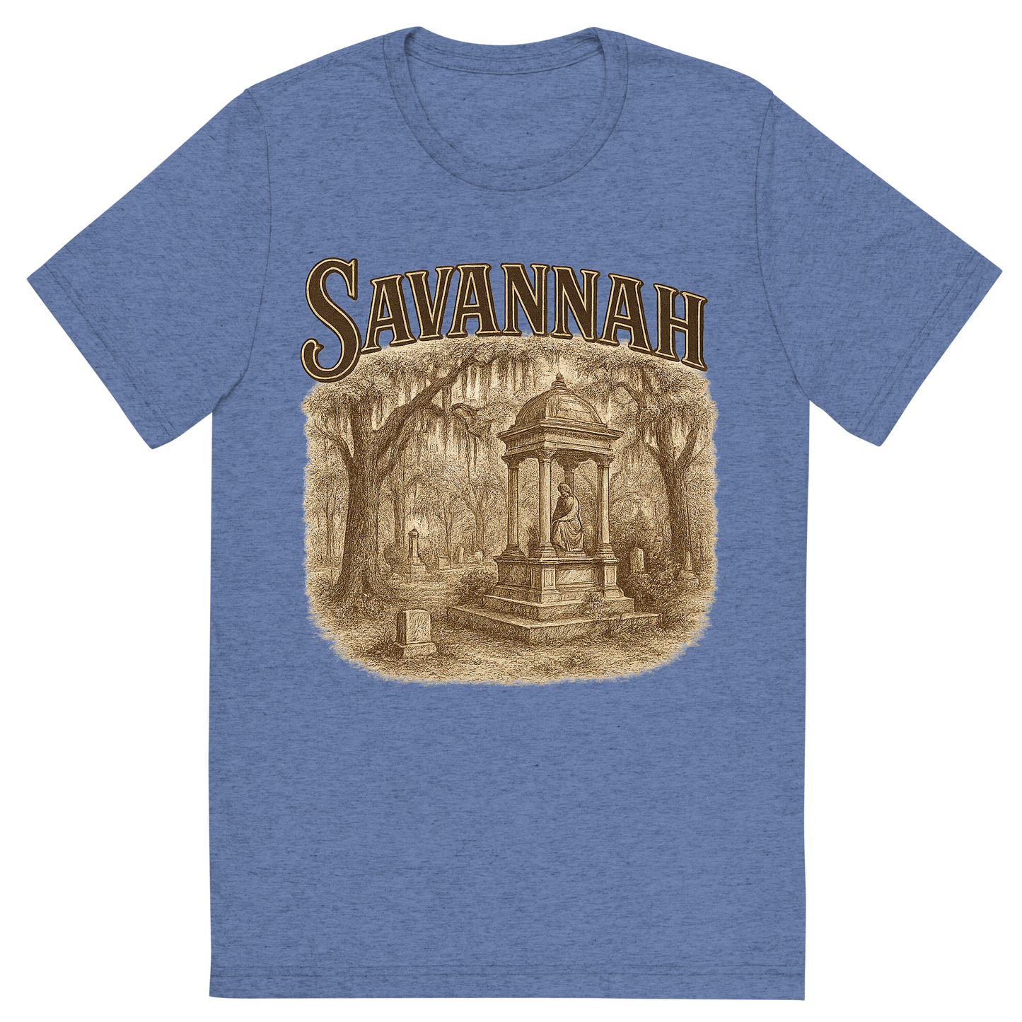 Front view of a Premium Tri-Blend Crew Neck T-Shirt in Blue showing 'A typographic, nostalgic graphic of a typographic illustration of the words 'savannah' with a vintage line art drawing of the bonaventure cemetery'