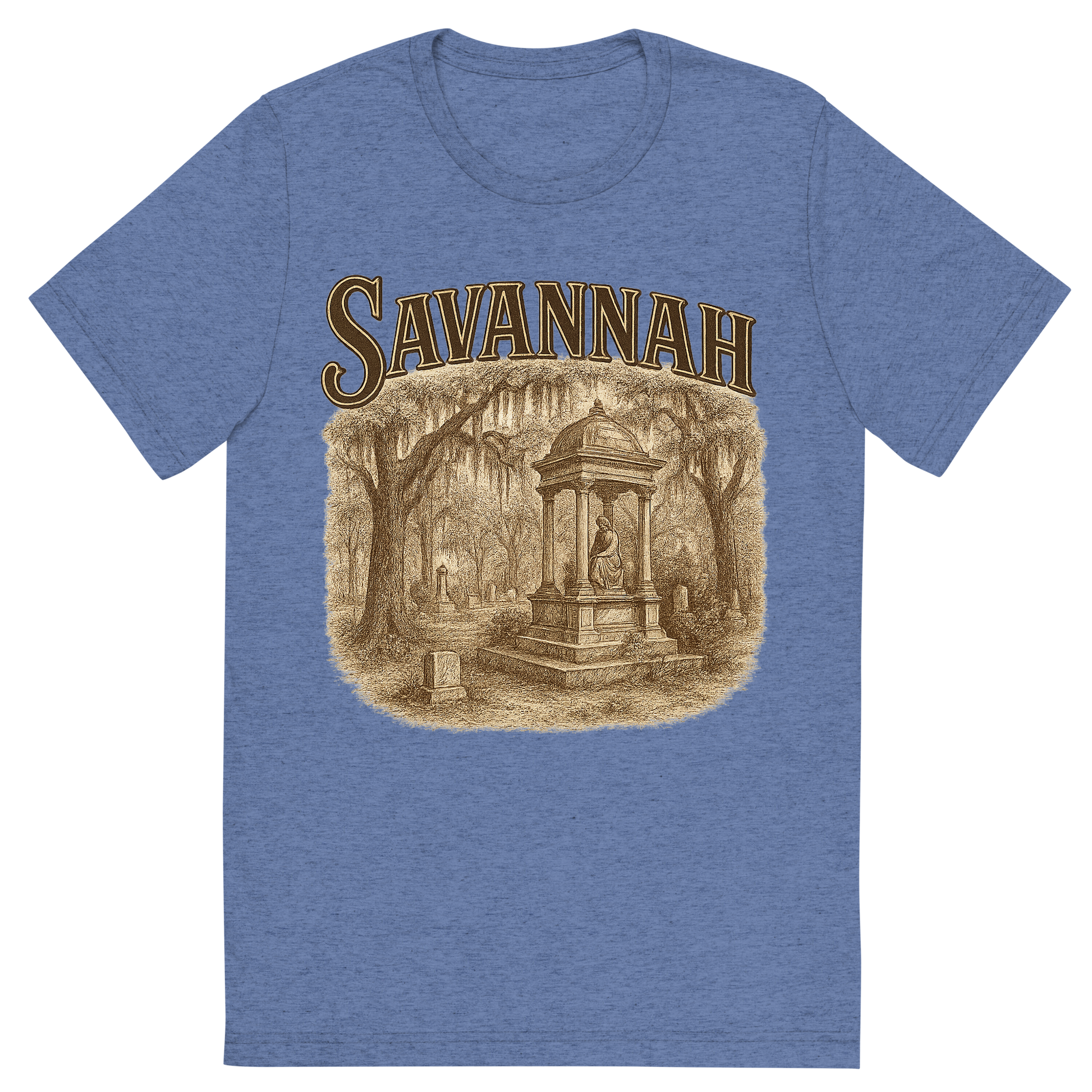Front view of a Premium Tri-Blend Crew Neck T-Shirt in Blue showing 'A typographic, nostalgic graphic of a typographic illustration of the words 'savannah' with a vintage line art drawing of the bonaventure cemetery'