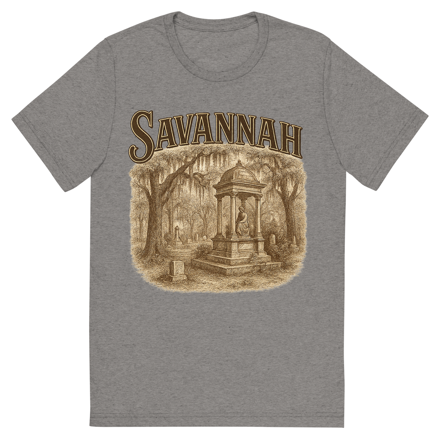 Front view of a Premium Tri-Blend Crew Neck T-Shirt in Grey showing 'A typographic, nostalgic graphic of a typographic illustration of the words 'savannah' with a vintage line art drawing of the bonaventure cemetery'