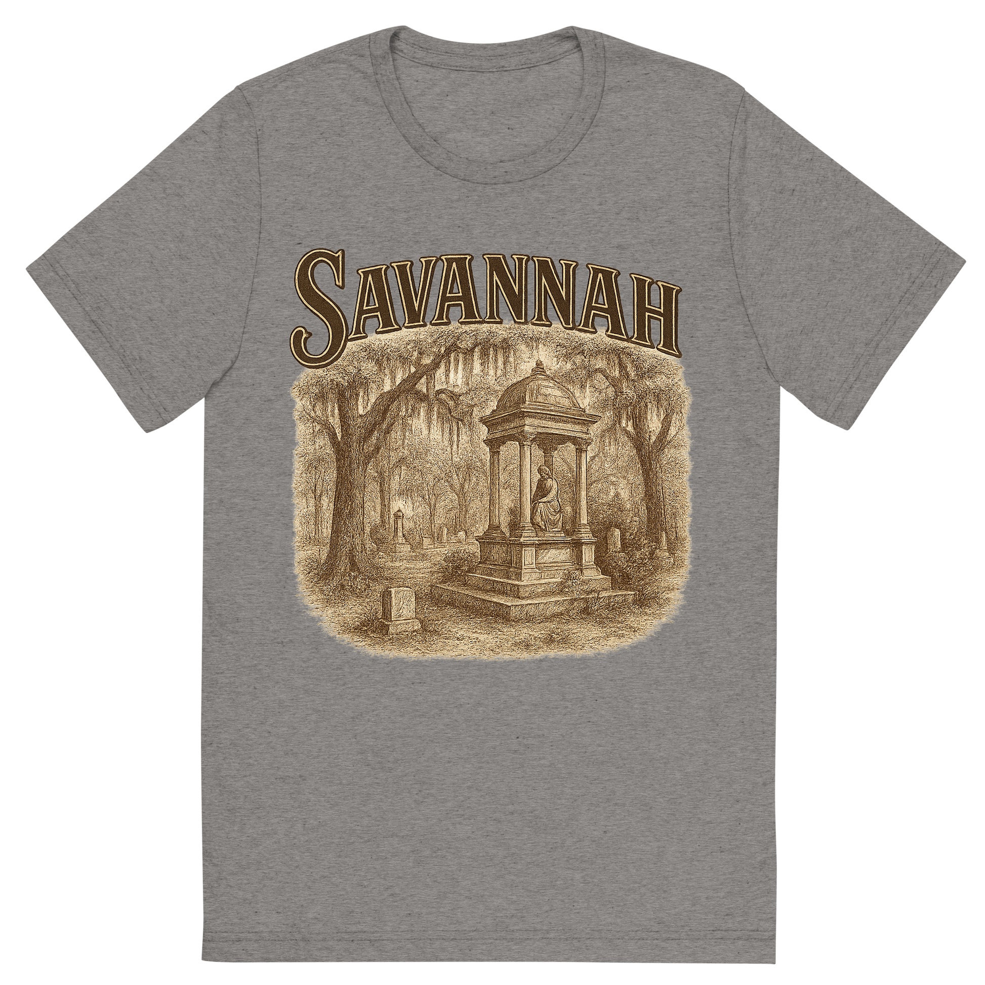 Front view of a Premium Tri-Blend Crew Neck T-Shirt in Grey showing 'A typographic, nostalgic graphic of a typographic illustration of the words 'savannah' with a vintage line art drawing of the bonaventure cemetery'