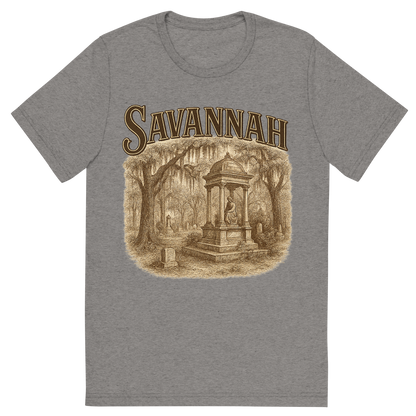 Front view of a Premium Tri-Blend Crew Neck T-Shirt in Grey showing 'A typographic, nostalgic graphic of a typographic illustration of the words 'savannah' with a vintage line art drawing of the bonaventure cemetery'