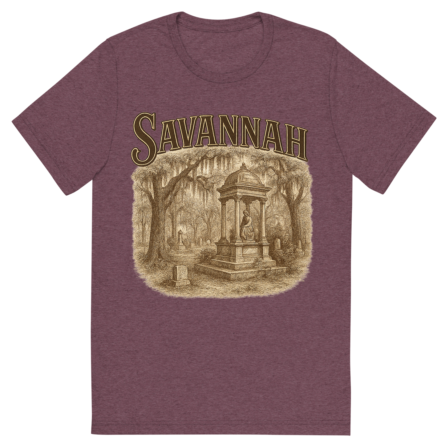 Front view of a Premium Tri-Blend Crew Neck T-Shirt in Maroon showing 'A typographic, nostalgic graphic of a typographic illustration of the words 'savannah' with a vintage line art drawing of the bonaventure cemetery'