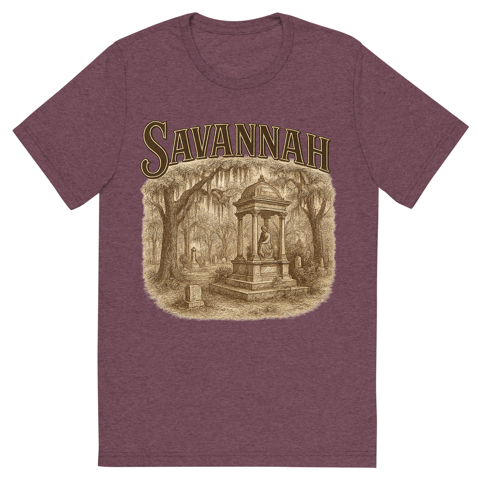 Front view of a Premium Tri-Blend Crew Neck T-Shirt in Maroon showing 'A typographic, nostalgic graphic of a typographic illustration of the words 'savannah' with a vintage line art drawing of the bonaventure cemetery'