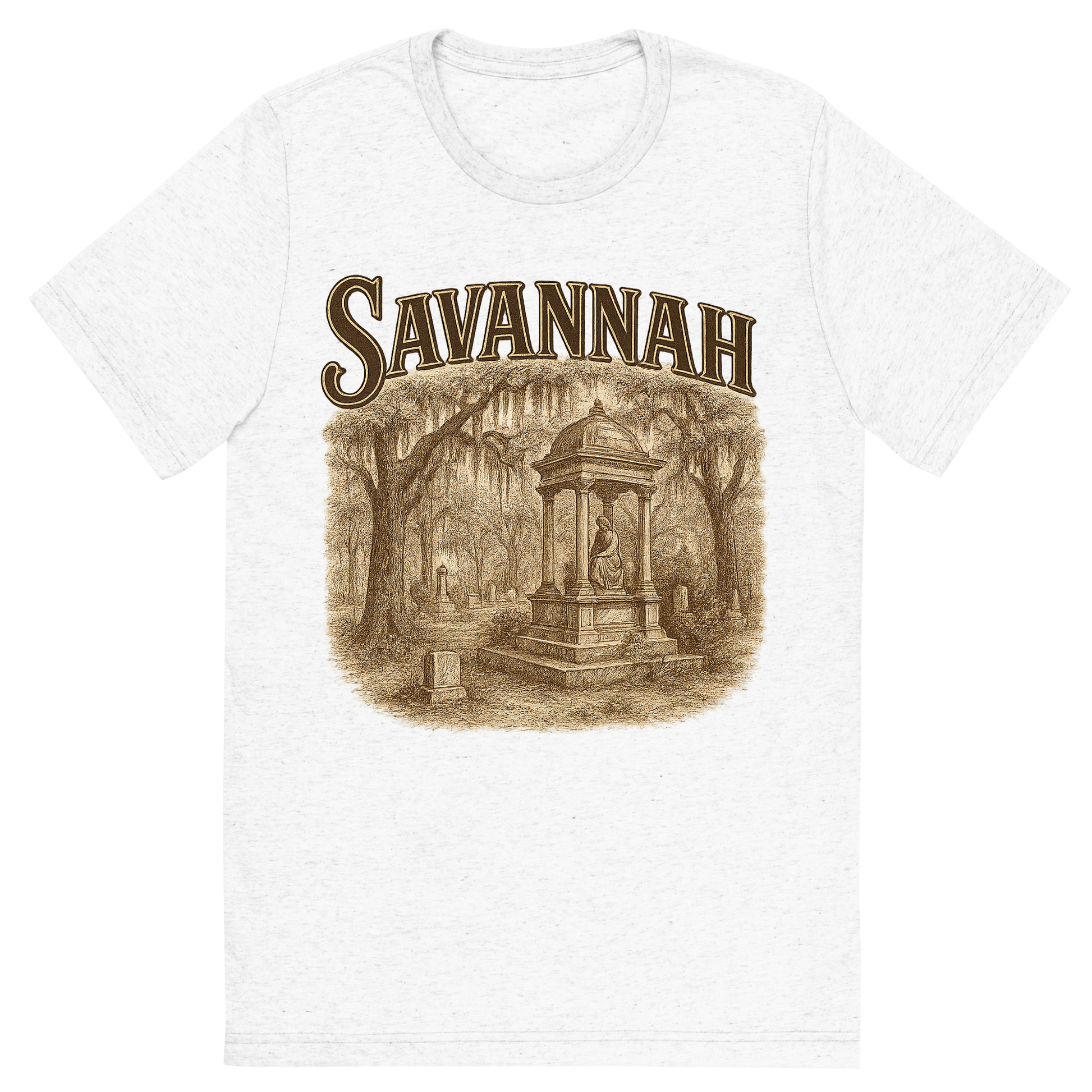 Front view of a Premium Tri-Blend Crew Neck T-Shirt in Solid White showing 'A typographic, nostalgic graphic of a typographic illustration of the words 'savannah' with a vintage line art drawing of the bonaventure cemetery'