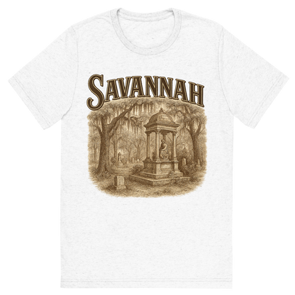 Front view of a Premium Tri-Blend Crew Neck T-Shirt in Solid White showing 'A typographic, nostalgic graphic of a typographic illustration of the words 'savannah' with a vintage line art drawing of the bonaventure cemetery'
