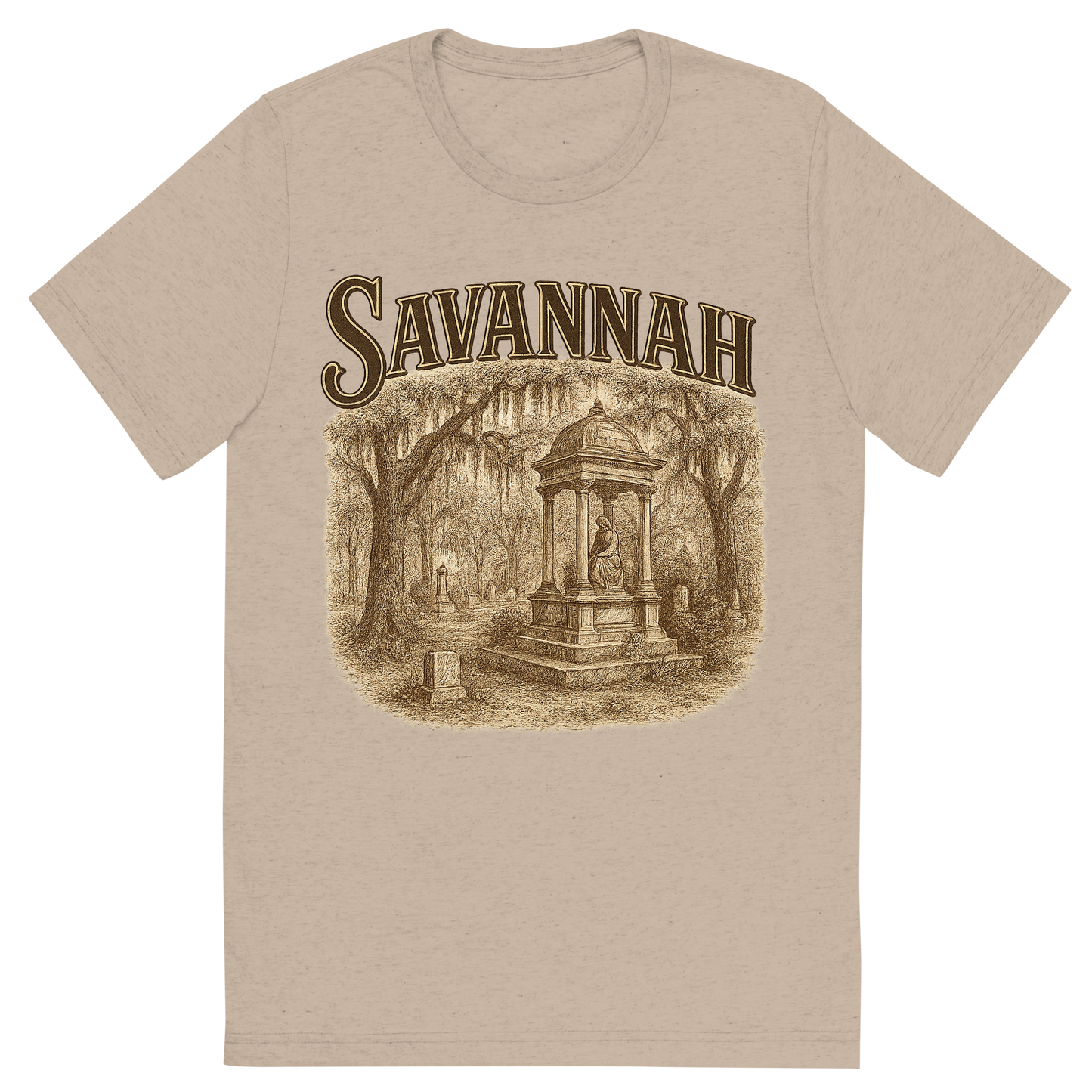 Front view of a Premium Tri-Blend Crew Neck T-Shirt in Tan showing 'A typographic, nostalgic graphic of a typographic illustration of the words 'savannah' with a vintage line art drawing of the bonaventure cemetery'