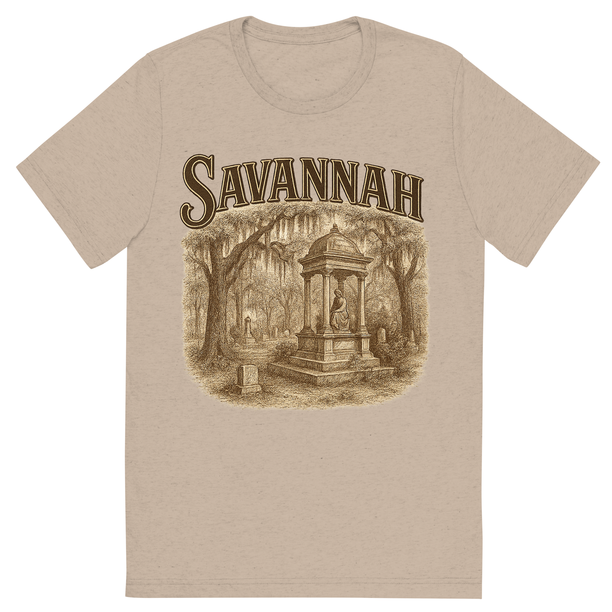 Front view of a Premium Tri-Blend Crew Neck T-Shirt in Tan showing 'A typographic, nostalgic graphic of a typographic illustration of the words 'savannah' with a vintage line art drawing of the bonaventure cemetery'