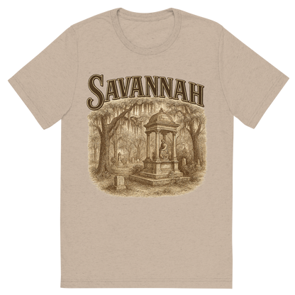 Front view of a Premium Tri-Blend Crew Neck T-Shirt in Tan showing 'A typographic, nostalgic graphic of a typographic illustration of the words 'savannah' with a vintage line art drawing of the bonaventure cemetery'