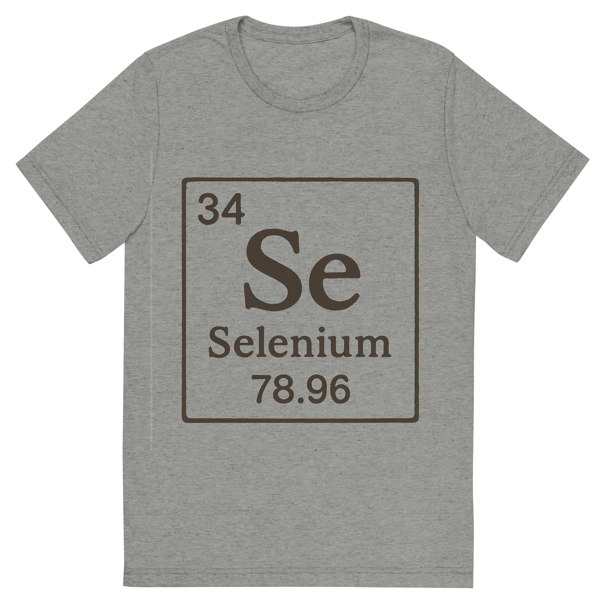 Front view of a Premium Tri-Blend Crew Neck T-Shirt in Athletic Grey showing 'A line art, nostalgic graphic of selenium's entry on the periodic table, use a dark color for the lines and text'