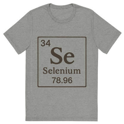 Front view of a Premium Tri-Blend Crew Neck T-Shirt in Athletic Grey showing 'A line art, nostalgic graphic of selenium's entry on the periodic table, use a dark color for the lines and text'