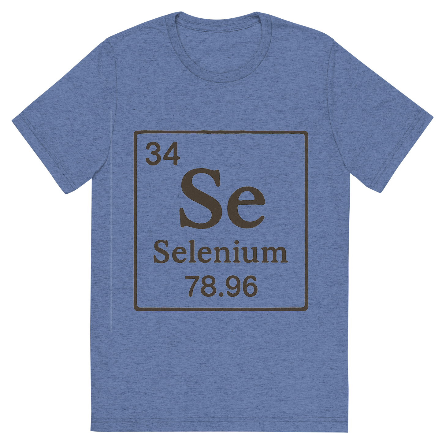 Front view of a Premium Tri-Blend Crew Neck T-Shirt in Blue showing 'A line art, nostalgic graphic of selenium's entry on the periodic table, use a dark color for the lines and text'