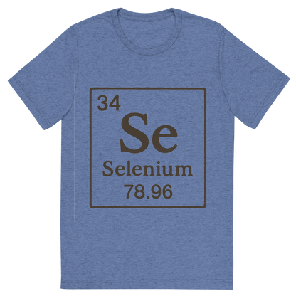 Front view of a Premium Tri-Blend Crew Neck T-Shirt in Blue showing 'A line art, nostalgic graphic of selenium's entry on the periodic table, use a dark color for the lines and text'